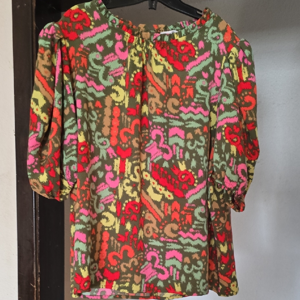 Abstract Puff-Sleeve Blouse in Multi Green